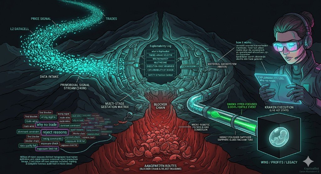 Infographic: van ruwe marktdata via filters, blocker-chain en explainability naar zeldzame execution-kansen.